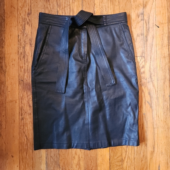 A.L.C Black 100% Genuine Lamb Leather Belted Knee Length Pencil Skirt - Picture 2 of 8